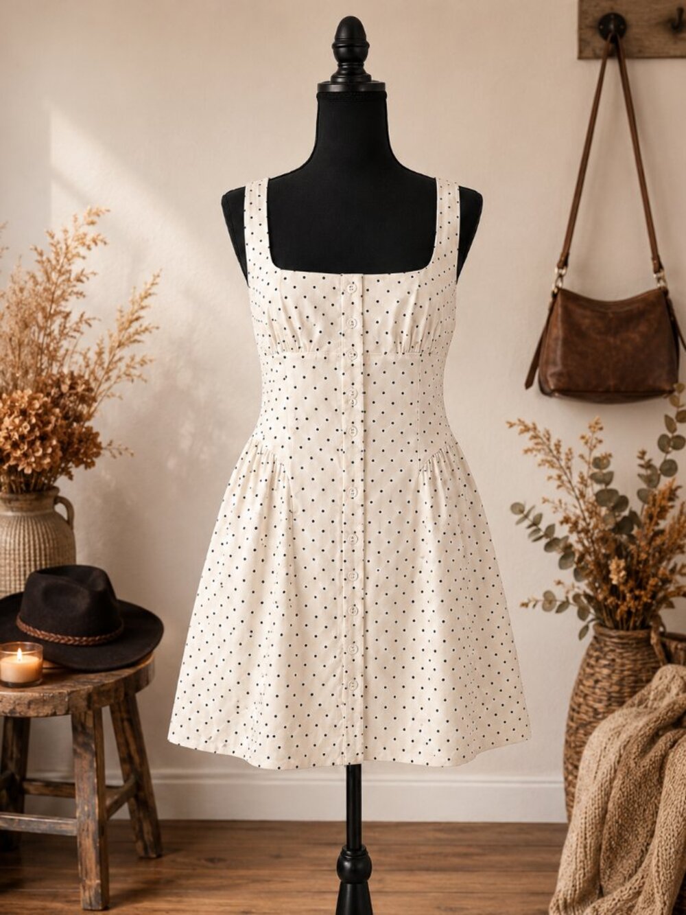 Free People Astrid Black White Polka Dot Mini Dress Size M Cottagecore